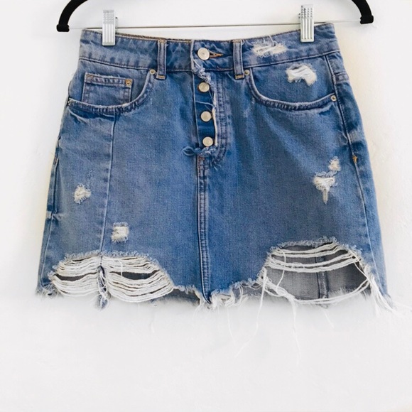 Zara Dresses & Skirts - Zara Distressed Denim Mini Skirt With Button Fly